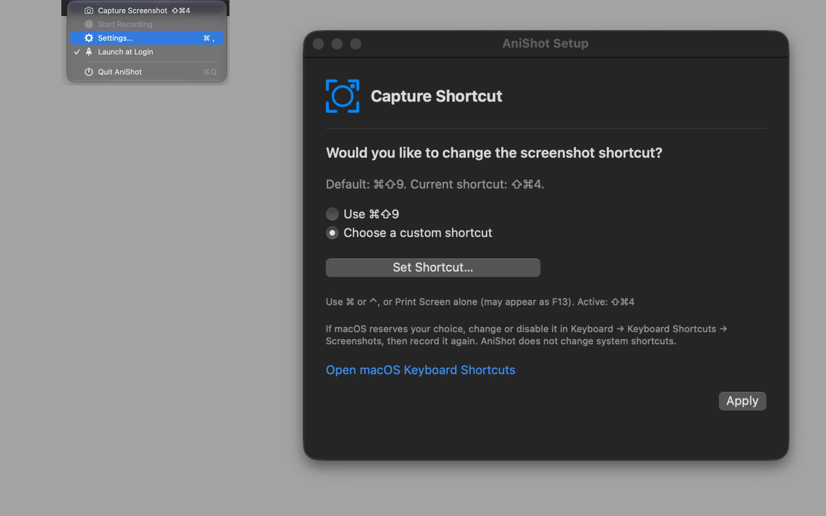 AniShot menu bar and Capture Shortcut setup with a custom shortcut selected