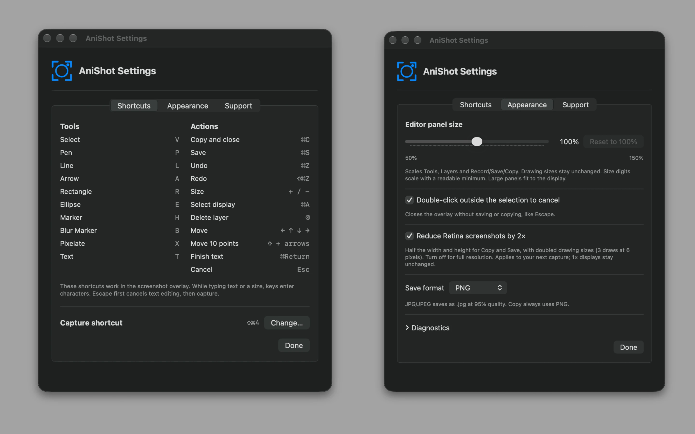 AniShot Shortcuts and Appearance settings with panel size, Retina reduction and save format