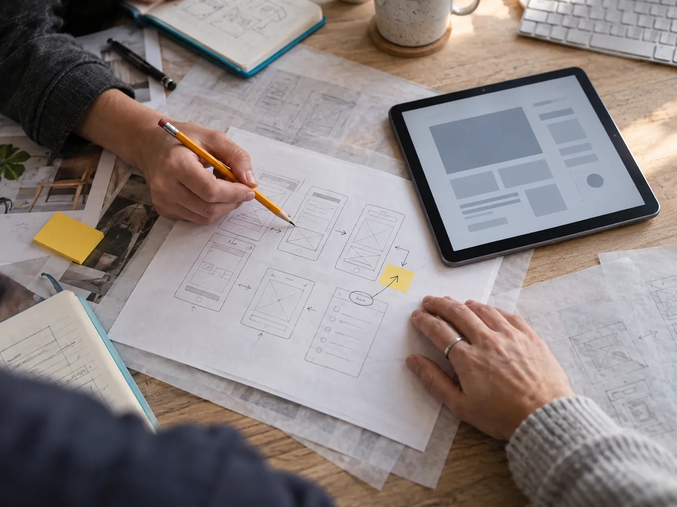 Illustration of hands comparing a printed product flow with a block-layout study on a tablet.